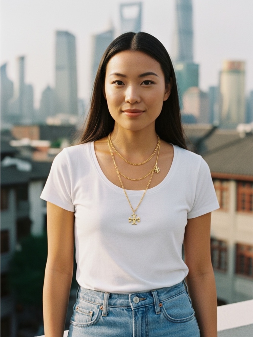 Layered Gold toned Pendant Necklace with Logo-Style Cross